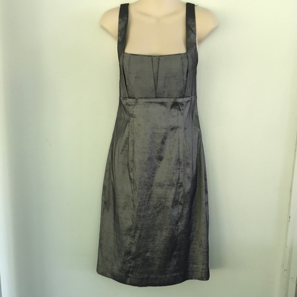Calvin Klein Silver Metallic Sheath Bodycon Cocktail Dress Square Pleated Bust S